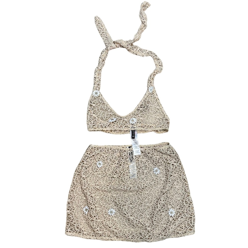 PrettyLittleThing Skirt Set Womens Boho Festival 2 Beige Ivory Crochet Vacation - Picture 1 of 5